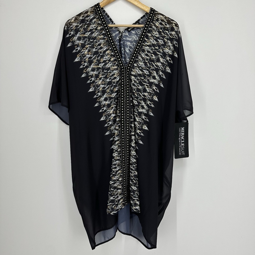 NEW Miraclesuit Women's Kaftan Swimwear Cover Up Medium Black Gold Sheer Beach